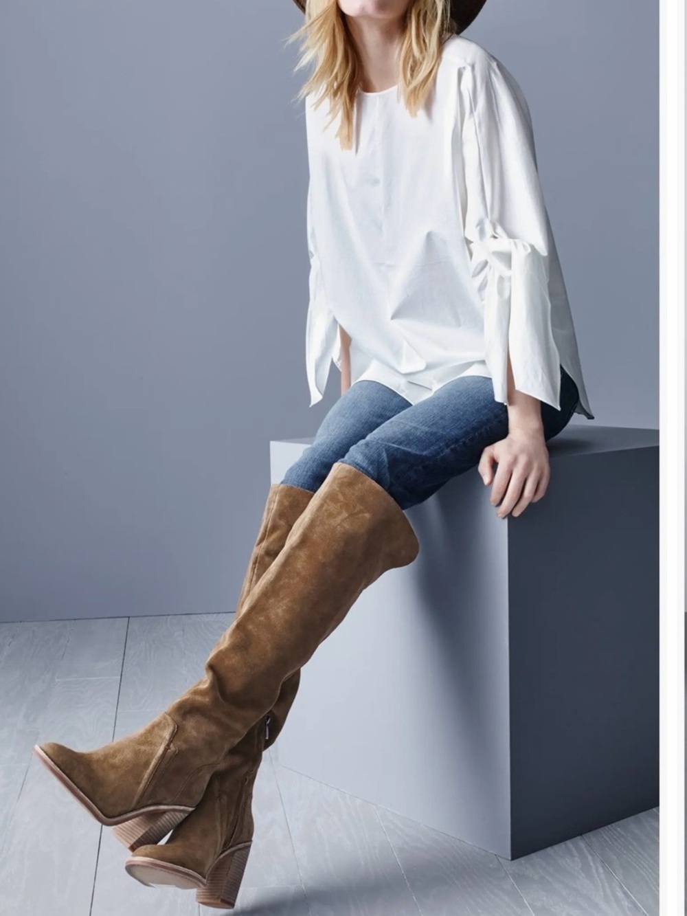 Vince Camuto Melaya Suede Over The Knee Block Heel Boots in Bark